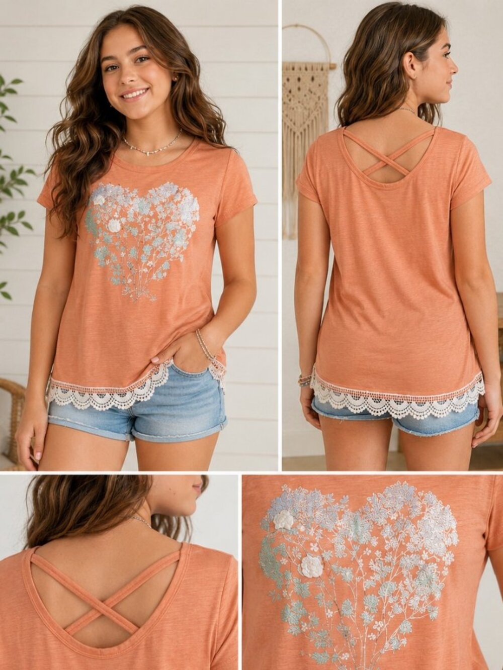 Mudd Girls Peach Floral Heart Lace Hem Top Size 16 Fits Junior Small Boho Y2K